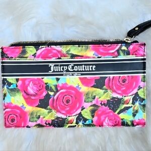 Juicy Couture Black Multi Rose Gothic Logo Stripe Wristlet Wallet Floral Flowers